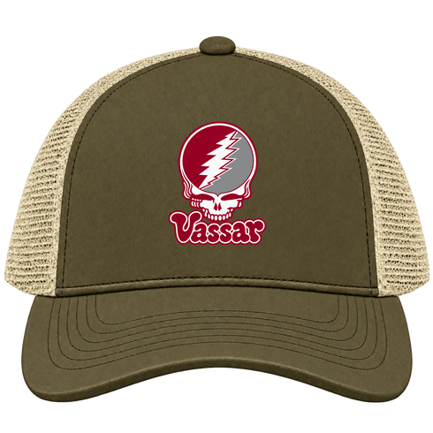 Vassar Stealie Premium Unisex Trucker Cap — Design: Vassar College — Moss/Khaki