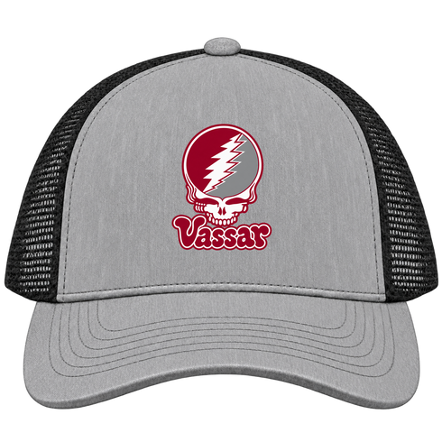 Vassar Stealie Premium Unisex Trucker Cap — Design: Vassar College — Heather Grey/Black