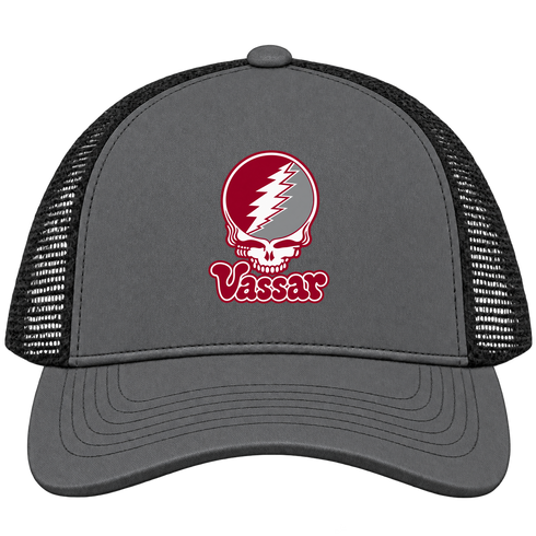 Vassar Stealie Premium Unisex Trucker Cap — Design: Vassar College — Charcoal/Black