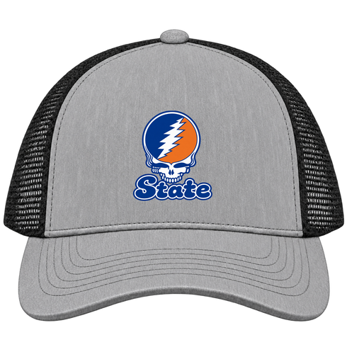 Virginia Stealie Premium Unisex Trucker Cap — Design: Virginia State University — Heather Grey/Black