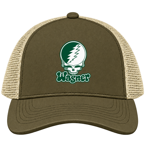 Wagner Stealie Premium Unisex Trucker Cap — Design: Wagner College — Moss/Khaki