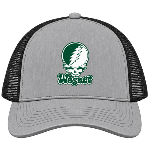 Wagner Stealie Premium Unisex Trucker Cap — Design: Wagner College — Heather Grey/Black