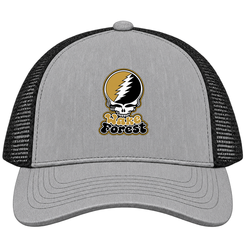 Wake Forest Stealie Premium Unisex Trucker Cap — Design: Wake Forest University — Heather Grey/Black