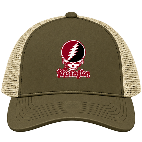 Washington Stealie Premium Unisex Trucker Cap — Design: Washington College — Moss/Khaki