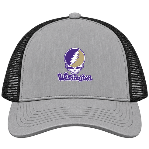 Washington Stealie Premium Unisex Trucker Cap — Design: Washington University of — Heather Grey/Black
