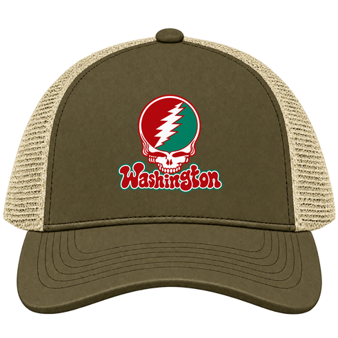 Washington Stealie Premium Unisex Trucker Cap — Design: Washington University — Moss/Khaki