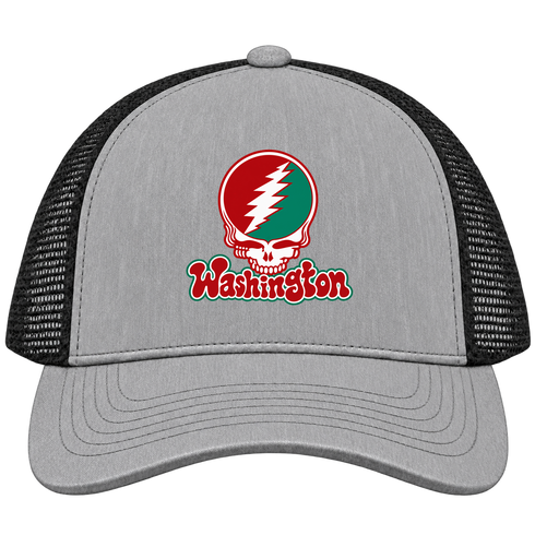 Washington Stealie Premium Unisex Trucker Cap — Design: Washington University — Heather Grey/Black