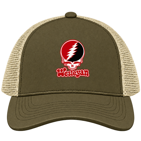 Wesleyan Stealie Premium Unisex Trucker Cap — Design: Wesleyan University — Moss/Khaki