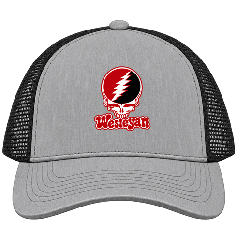 Wesleyan Stealie Premium Unisex Trucker Cap — Design: Wesleyan University — Heather Grey/Black