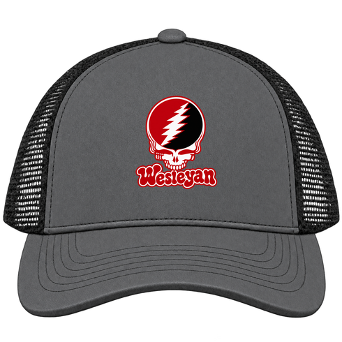 Wesleyan Stealie Premium Unisex Trucker Cap — Design: Wesleyan University — Charcoal/Black