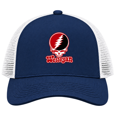 Wesleyan Stealie Premium Unisex Trucker Cap — Design: Wesleyan University — Navy/White
