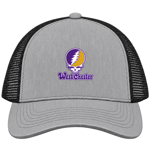 West Chester Stealie Premium Unisex Trucker Cap — Design: West Chester University — Heather Grey/Black