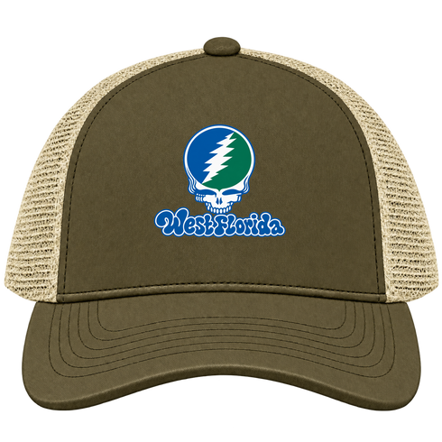 West Florida Stealie Premium Unisex Trucker Cap — Design: West Florida University of — Moss/Khaki