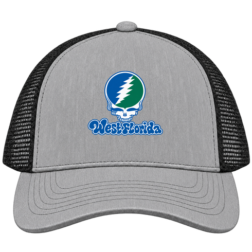 West Florida Stealie Premium Unisex Trucker Cap — Design: West Florida University of — Heather Grey/Black