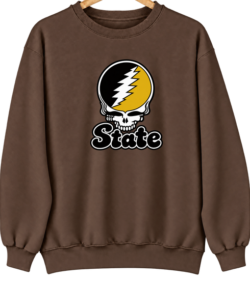 West Virgina Stealie Premium Unisex Crewneck — Design: West Virginia State University — Brown