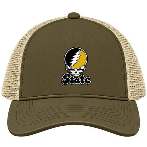 West Virgina Stealie Premium Unisex Trucker Cap — Design: West Virginia State University — Moss/Khaki