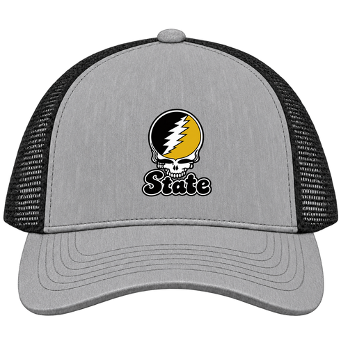 West Virgina Stealie Premium Unisex Trucker Cap — Design: West Virginia State University — Heather Grey/Black