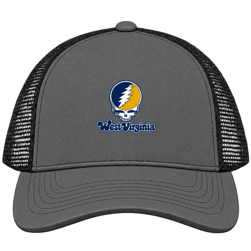 West Virginia Stealie Premium Unisex Trucker Cap — Design: West Virginia University — Charcoal/Black
