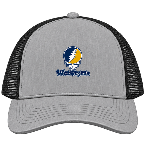 West Virginia Stealie Premium Unisex Trucker Cap — Design: West Virginia University — Heather Grey/Black