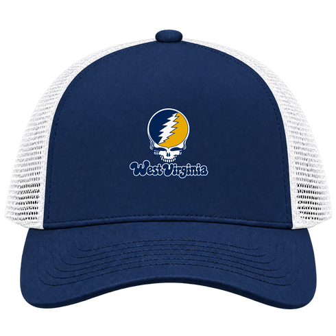 West Virginia Stealie Premium Unisex Trucker Cap — Design: West Virginia University — Navy/White