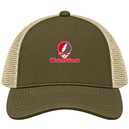 Western Colorado Stealie Premium Unisex Trucker Cap — Design: Western State Colorado University — Moss/Khaki
