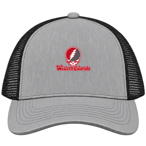 Western Colorado Stealie Premium Unisex Trucker Cap — Design: Western State Colorado University — Heather Grey/Black
