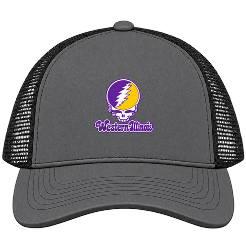 Western Illinois Stealie Premium Unisex Trucker Cap — Design: Western Illinois University — Charcoal/Black