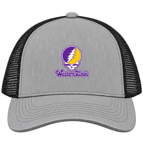 Western Illinois Stealie Premium Unisex Trucker Cap — Design: Western Illinois University — Heather Grey/Black