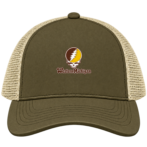 Western Michigan Stealie Premium Unisex Trucker Cap — Design: Western Michigan University — Moss/Khaki