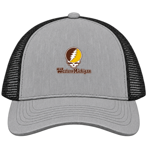 Western Michigan Stealie Premium Unisex Trucker Cap — Design: Western Michigan University — Heather Grey/Black