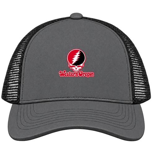 Western Oregon Stealie Premium Unisex Trucker Cap — Design: Western Oregon University — Charcoal/Black