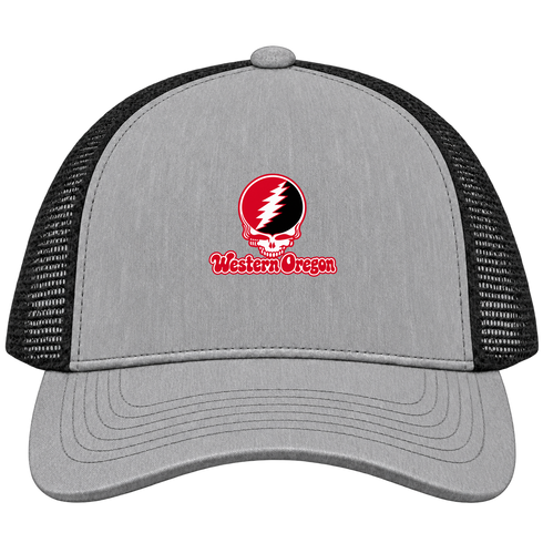 Western Oregon Stealie Premium Unisex Trucker Cap — Design: Western Oregon University — Heather Grey/Black
