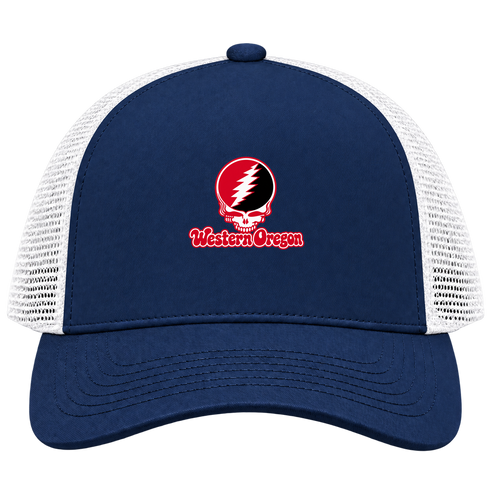 Western Oregon Stealie Premium Unisex Trucker Cap — Design: Western Oregon University — Navy/White