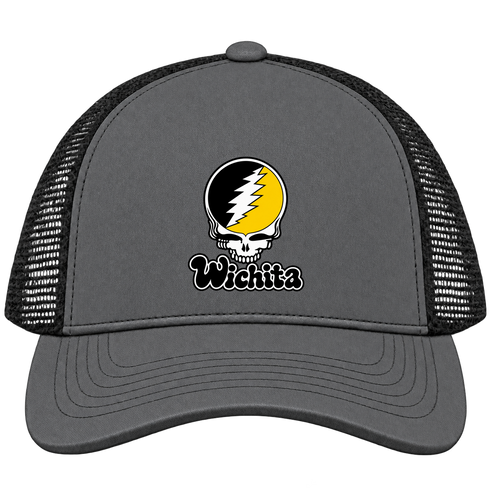 Wichita Stealie Premium Unisex Trucker Cap — Design: Wichita State University — Charcoal/Black
