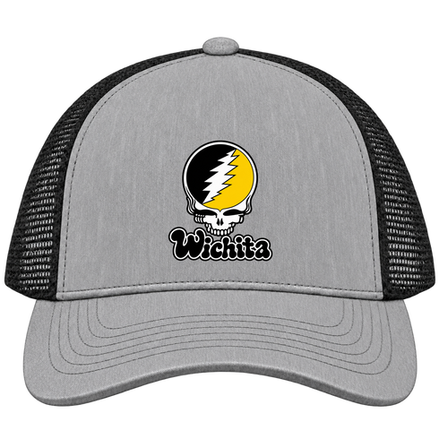 Wichita Stealie Premium Unisex Trucker Cap — Design: Wichita State University — Heather Grey/Black