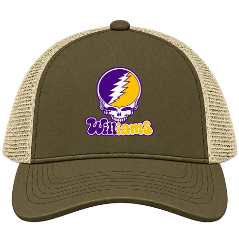Williams Stealie Premium Unisex Trucker Cap — Design: Williams College — Moss/Khaki