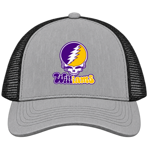 Williams Stealie Premium Unisex Trucker Cap — Design: Williams College — Heather Grey/Black