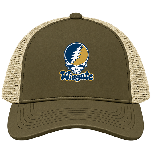 Wingate Stealie Premium Unisex Trucker Cap — Design: Wingate University — Moss/Khaki