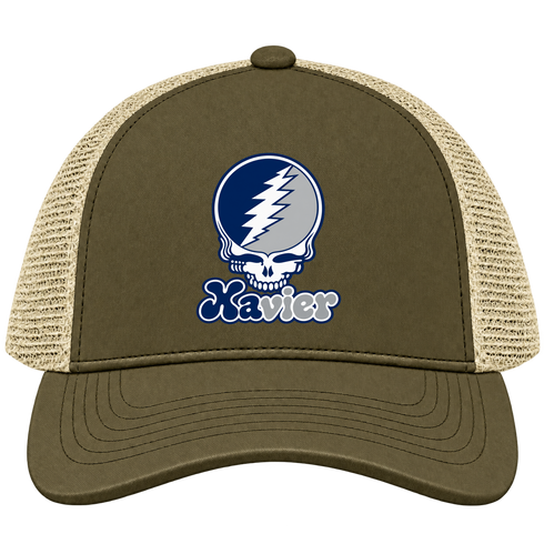 Xavier Stealie Premium Unisex Trucker Cap — Design: Xavier University — Moss/Khaki