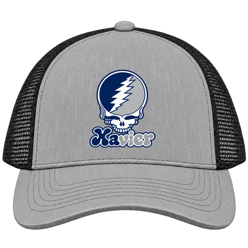 Xavier Stealie Premium Unisex Trucker Cap — Design: Xavier University — Heather Grey/Black