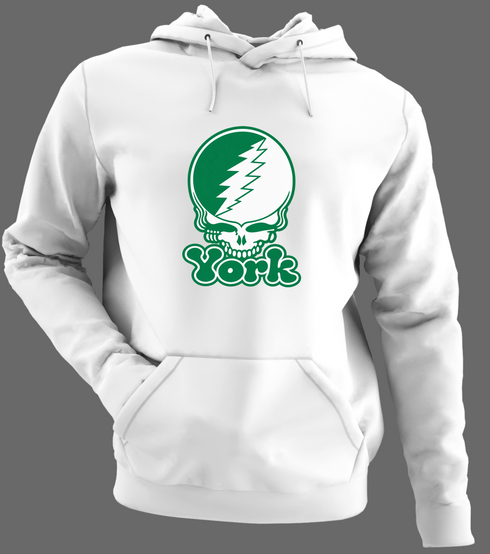 York Stealie Premium Unisex Hoodie — Design: York College — White/Grey