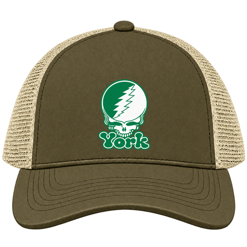 York Stealie Premium Unisex Trucker Cap — Design: York College — Moss/Khaki