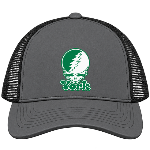 York Stealie Premium Unisex Trucker Cap — Design: York College — Charcoal/Black