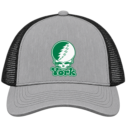 York Stealie Premium Unisex Trucker Cap — Design: York College — Heather Grey/Black