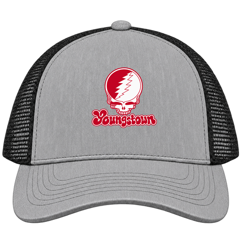 Youngstown Stealie Premium Unisex Trucker Cap — Design: Youngstown State University — Heather Grey/Black